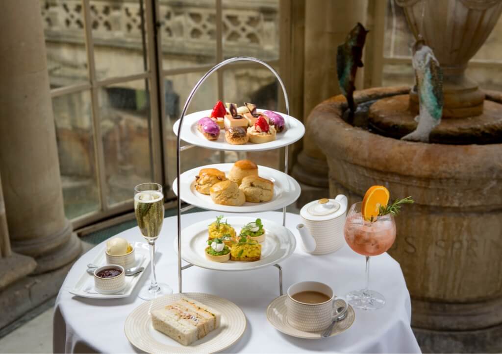 Three tiers of delicious cakes, scones and sandwiches for afternoon tea at The Pump Room