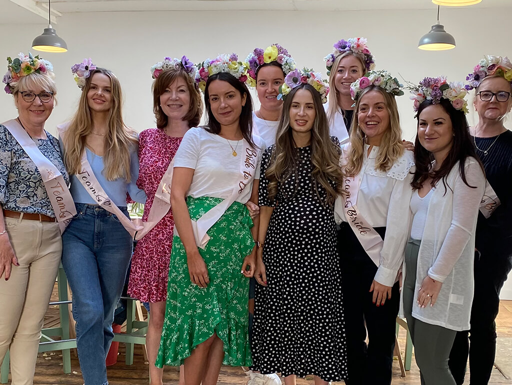 A group of hens displaying their fabulous flower crown creations