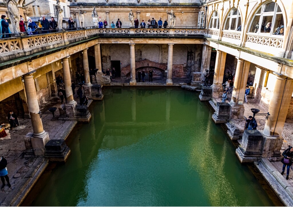 The massive Great Bath, filled with hot spa water.