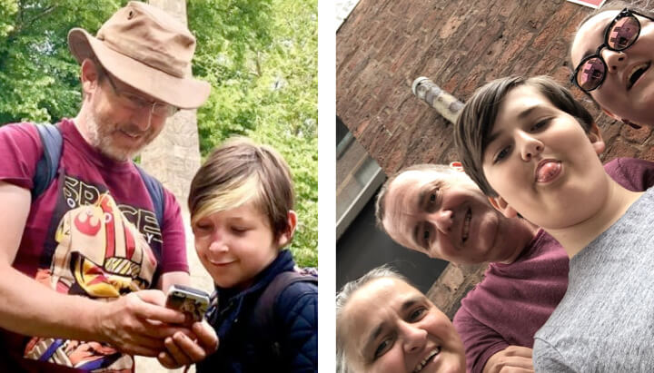 A father and son out on a treasure hunt and a family taking a selfie