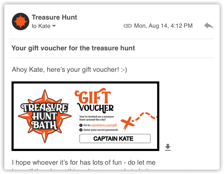 A screenshot of an email containing a digital gift voucher for Treasure Hunt Bath.